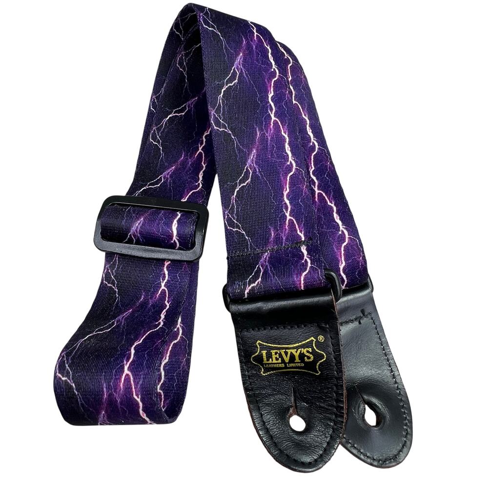 Levys Guitar Strap Purple Lightning Bolt Print Leather Poly Adjustable